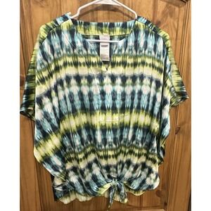 Chico's Size 0 (4/6) Blue Green Ikat Tie Front Top Blouse Boho Resort Style‎